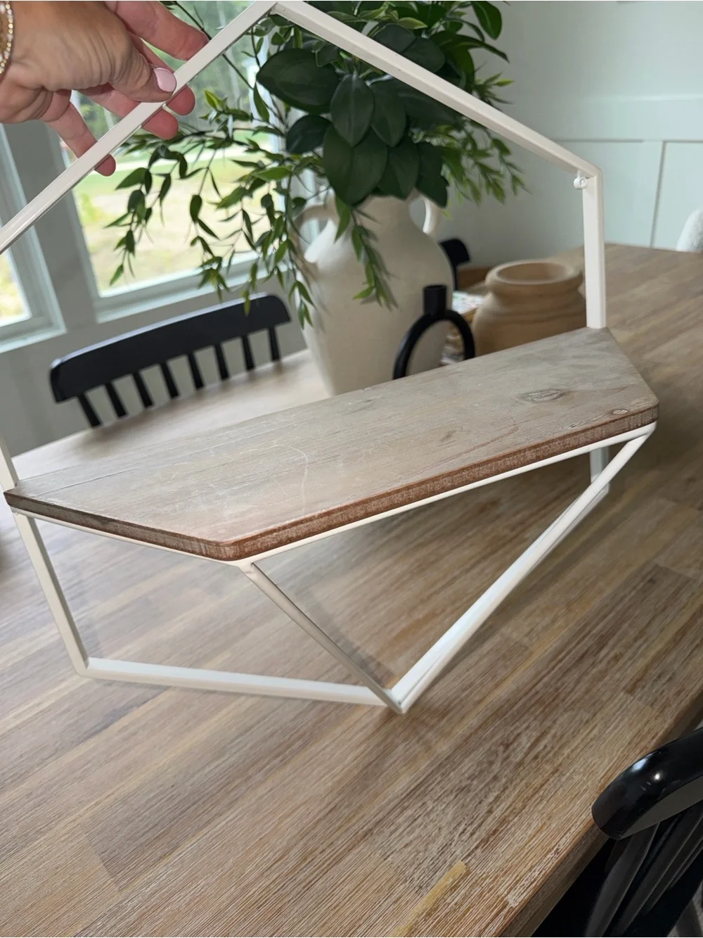White Hexagon Wall Shelf with Wood Accent - Home Wall Decor